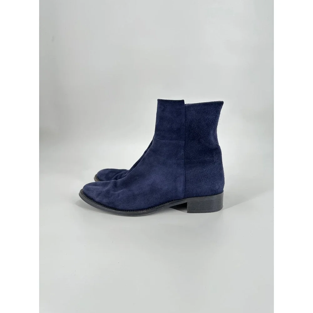 Stuart Weitzman 5050 Navy Blue Suede Ankle Boots 10M Low Block Heel Made Spain